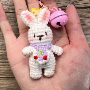 Handmade Amigurumi Crochet White Bunny Keychain and Bag Charm with a Bell